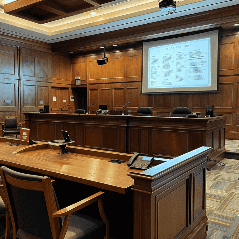 Highlighted evidence exhibit on a judge's bench in a courtroom.