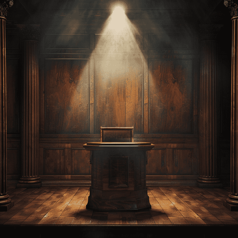 Spotlight on an empty witness stand in a courtroom