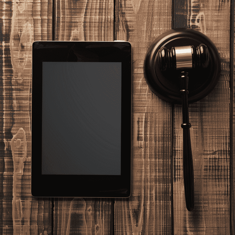 Digital tablet and gavel on a desk representing ethical and technical considerations in law.
