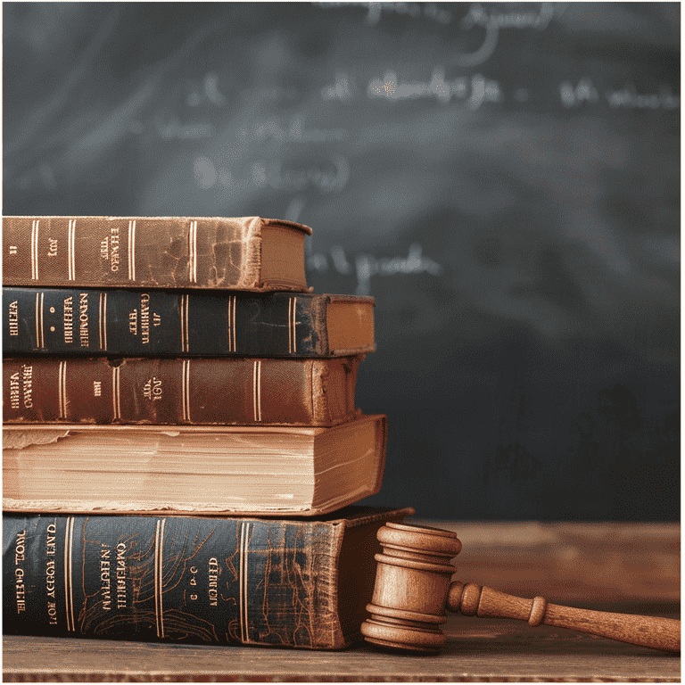 Law books with scales of justice drawn on a classroom blackboard