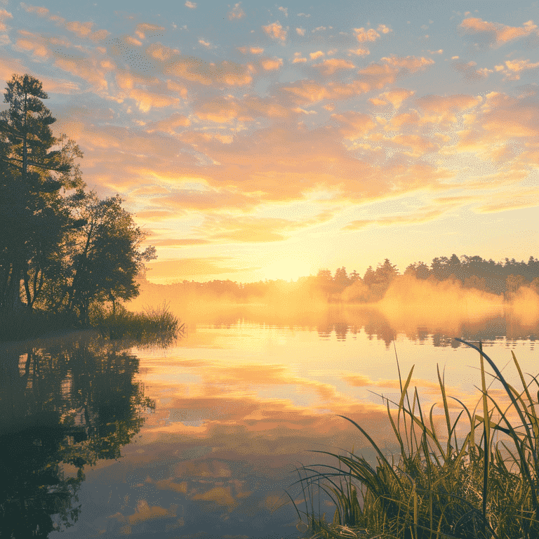 Peaceful sunrise over a calm lake symbolizing new beginnings
