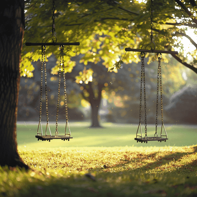 Empty swings and a see-saw in a park, symbolizing childhood and family changes.