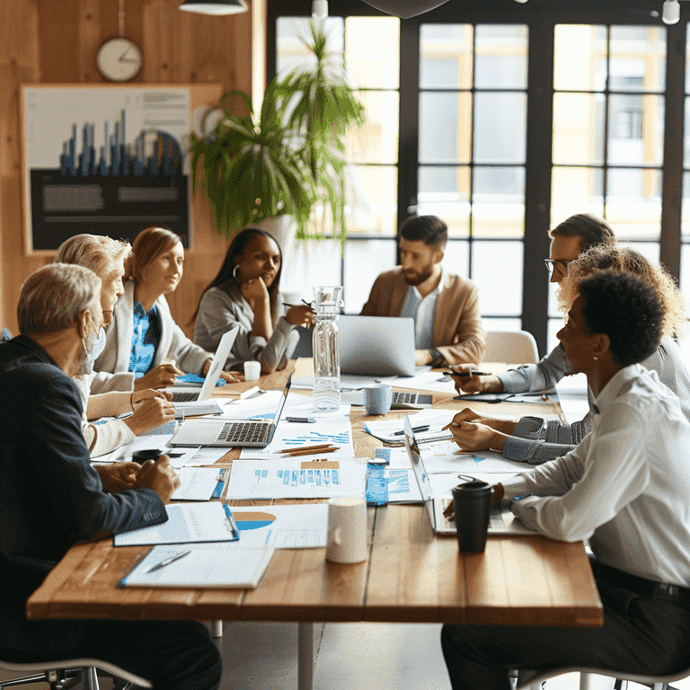 Diverse group of professionals discussing financial documents in a conference room.