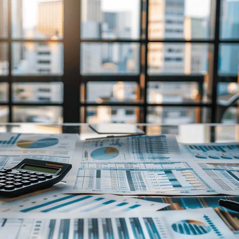 Organized financial documents on a desk with cityscape in the background