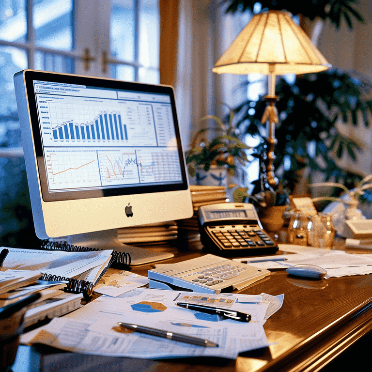 Financial advisor's desk with financial planning tools and documents.