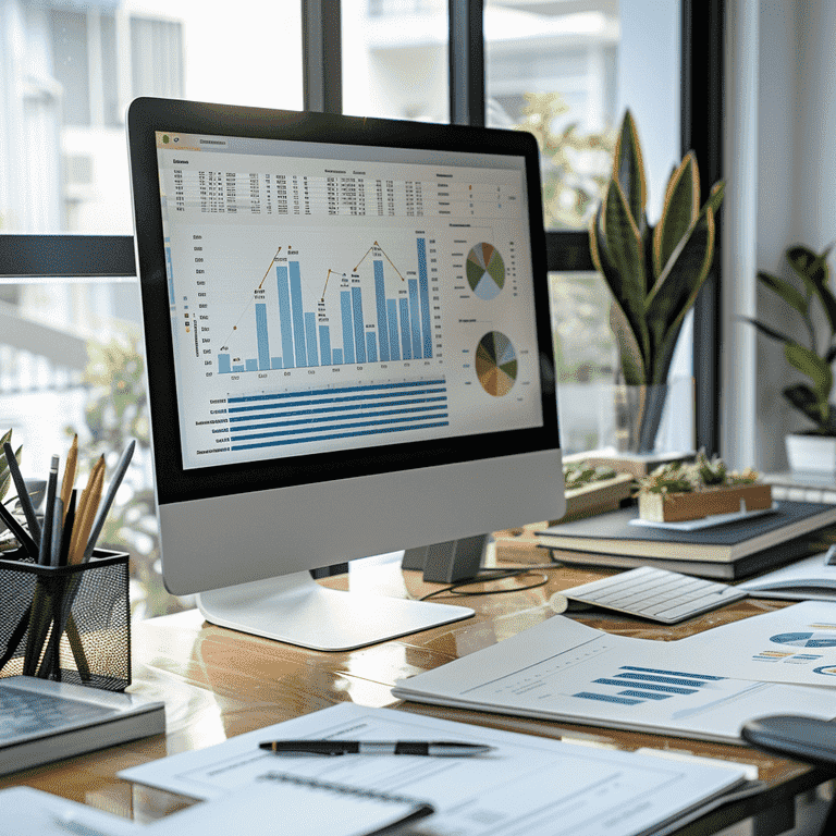 Financial advisor's desk with computer displaying financial charts