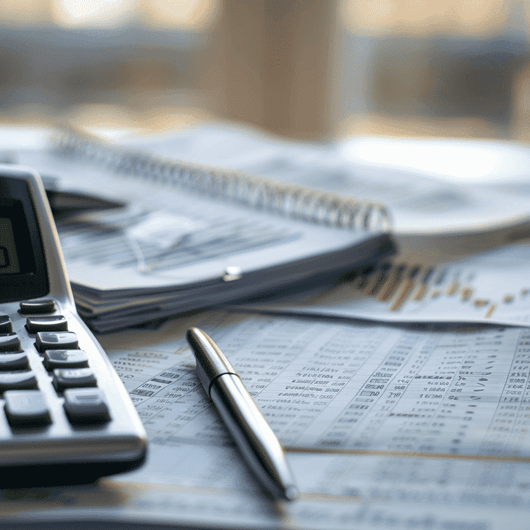 Close-up of financial documents, charts, and a calculator on a desk.