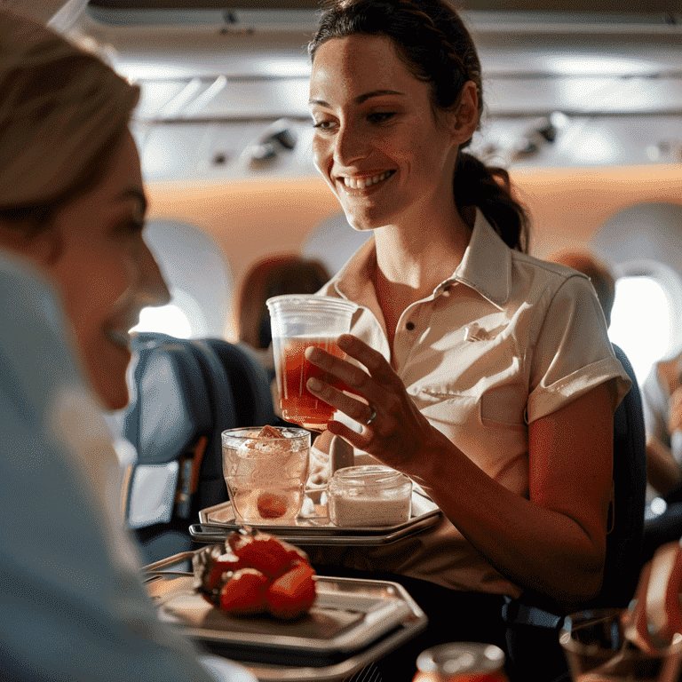 Flight attendant serving a variety of drinks to passengers on an airplane.