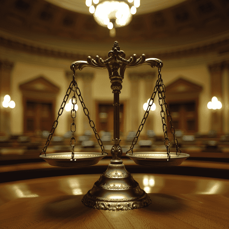 Balance scale in a courtroom symbolizing justice and fairness.
