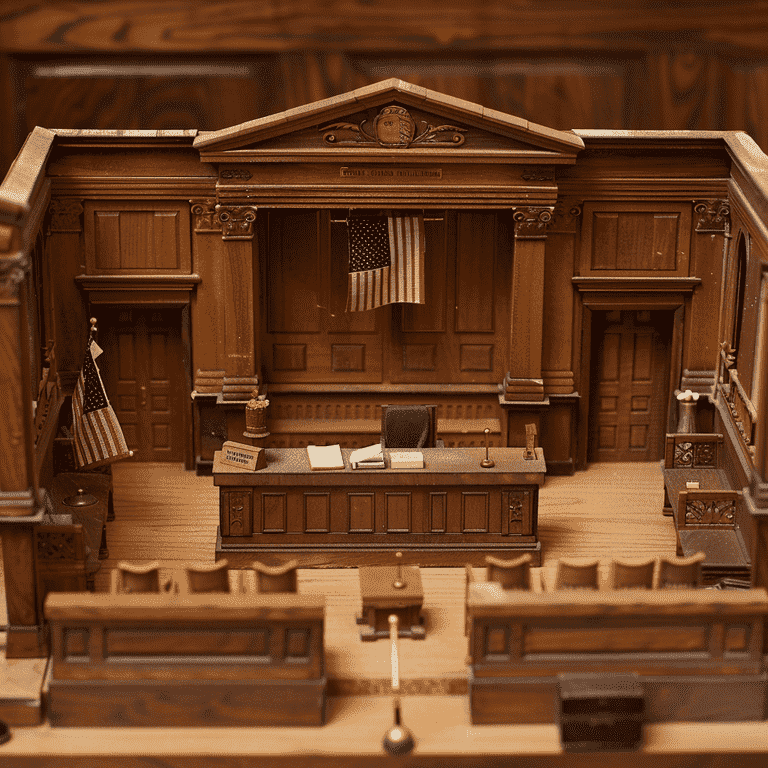 Miniature courtroom model representing the practice of law.