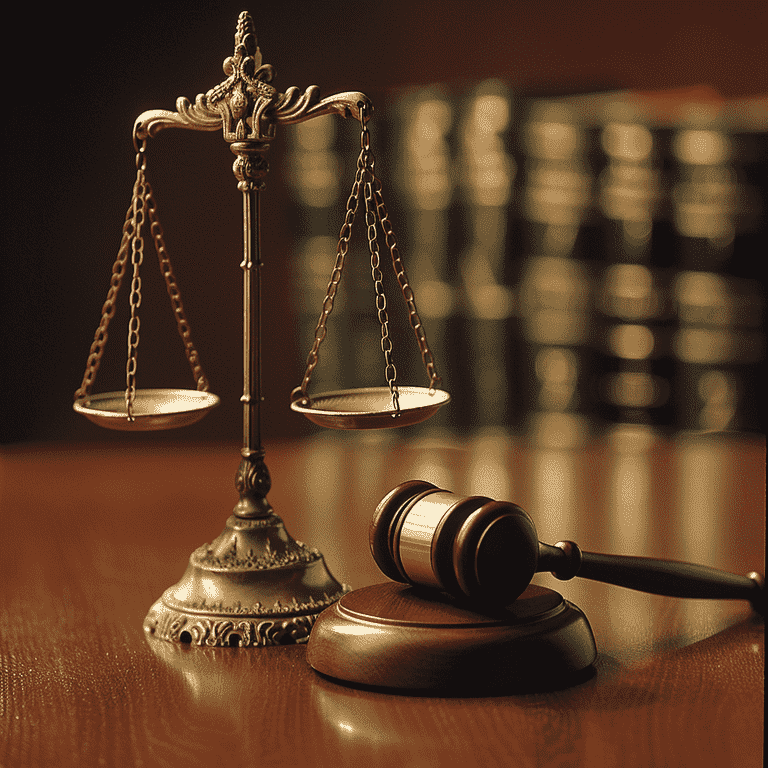 Gavel and scales of justice on a desk with legal books in the background.