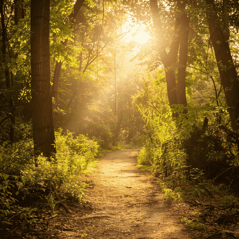 Sunlit path through a forest representing guidance and support in the custody decision process.