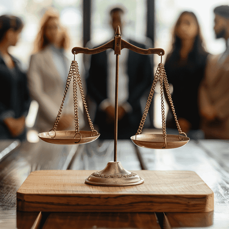 A balanced scale in front of a diverse group of people, representing the societal and ethical balance of legal actions.