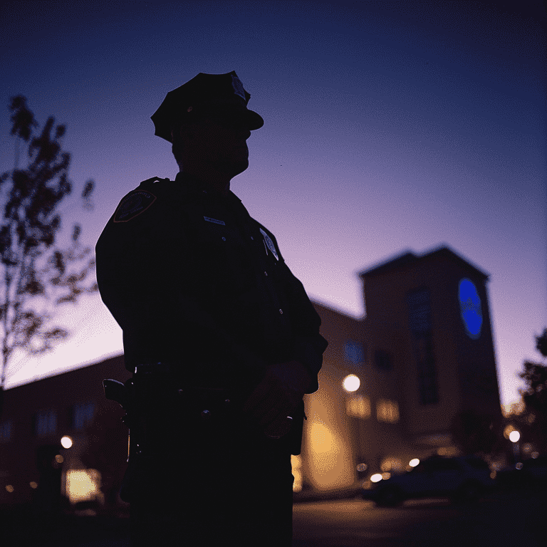 Silhouette of a law enforcement officer with a police department in the background.