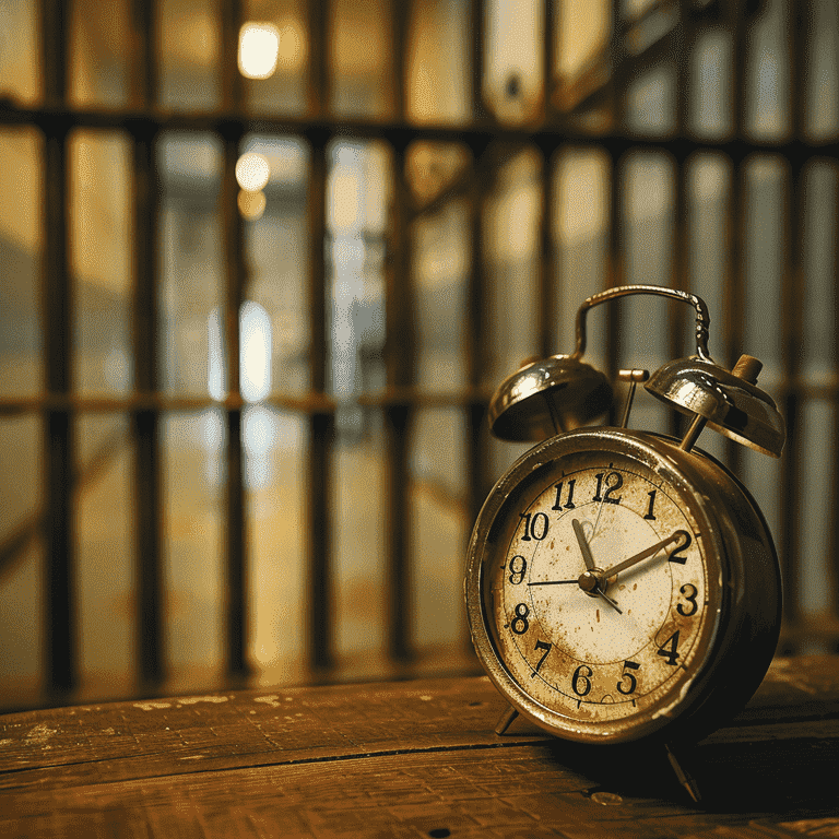 Clock with jail cell bars in the background.