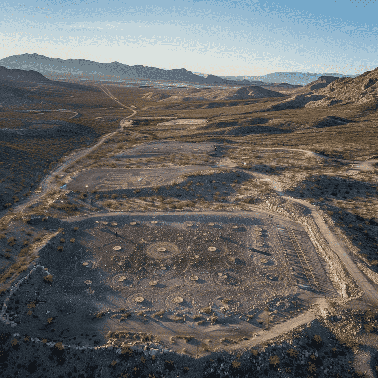 Aerial view of an outdoor shooting range in the desert landscape near Las Vegas.