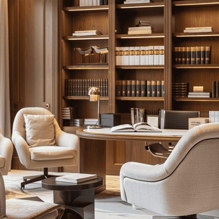 Professional law office setting with desk and legal books