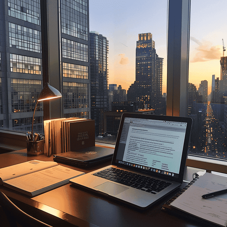 Organized legal workspace with documents and laptop in a law office overlooking the city.