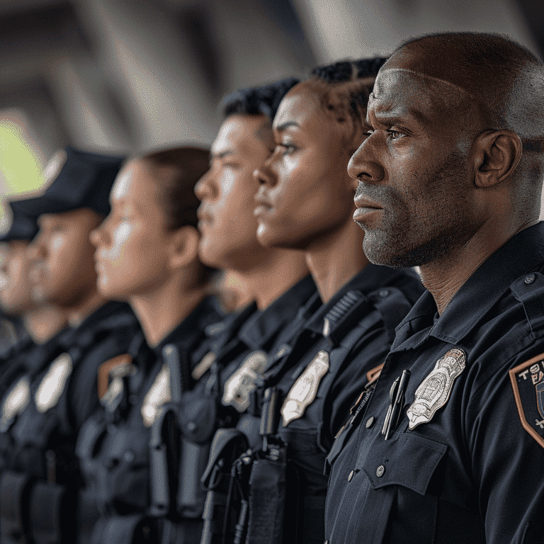 Diverse law enforcement officers standing in unity.