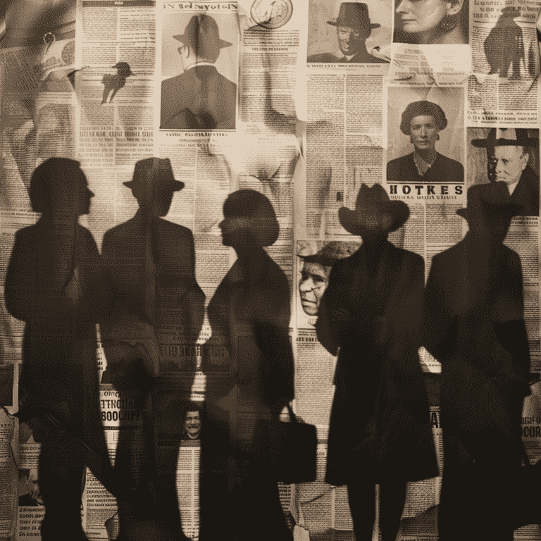 Silhouettes against newspaper clippings of famous fugitive cases.