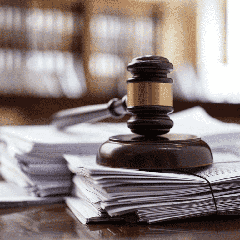 Gavel on legal documents with courthouse background.