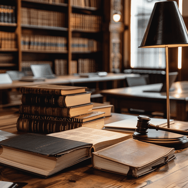 Legal books, laptop, and gavel on a desk in a law office