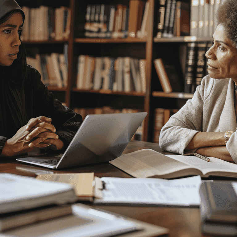 Two people discussing serious matters with legal documents in a law office setting.