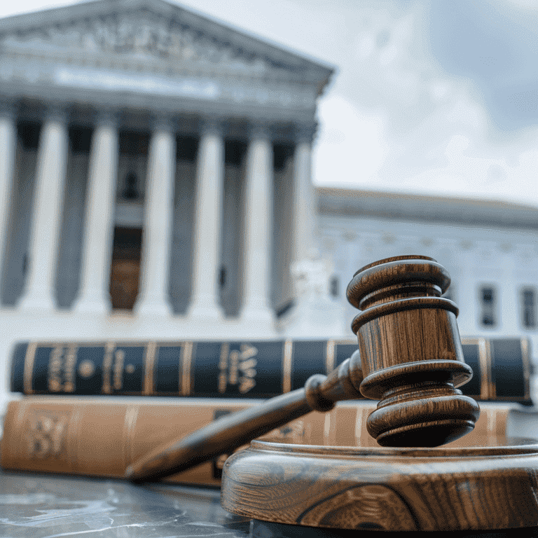 Judge's gavel on legal books with courthouse background.