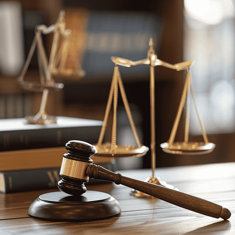 Gavel, law books, and balance scale symbolizing the legal system.