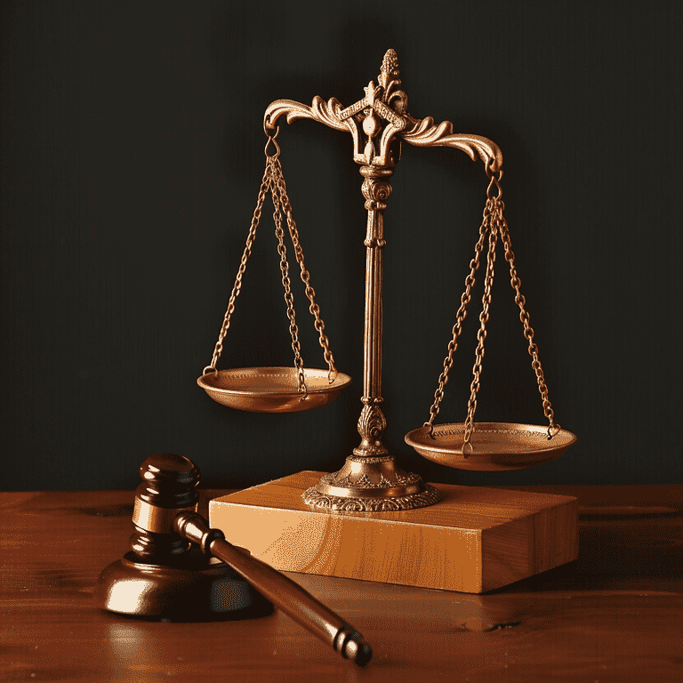 Scale of justice and gavel on wooden table