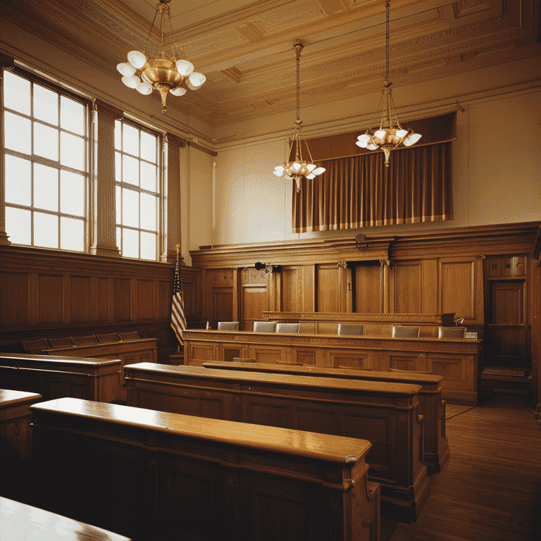Panoramic courtroom view with American flag.
