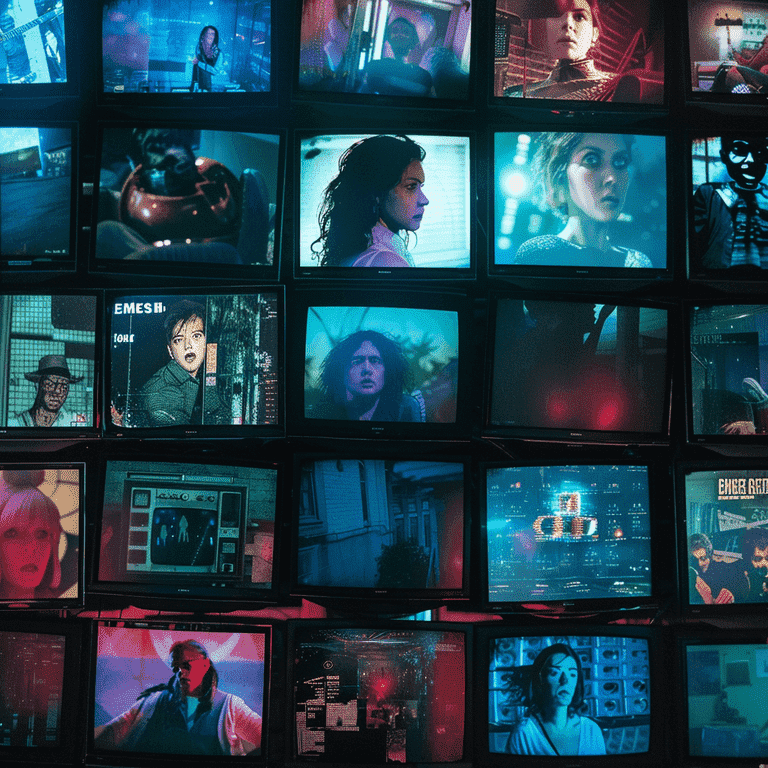 Collage of TV screens showing blurred scenes from various shows and movies