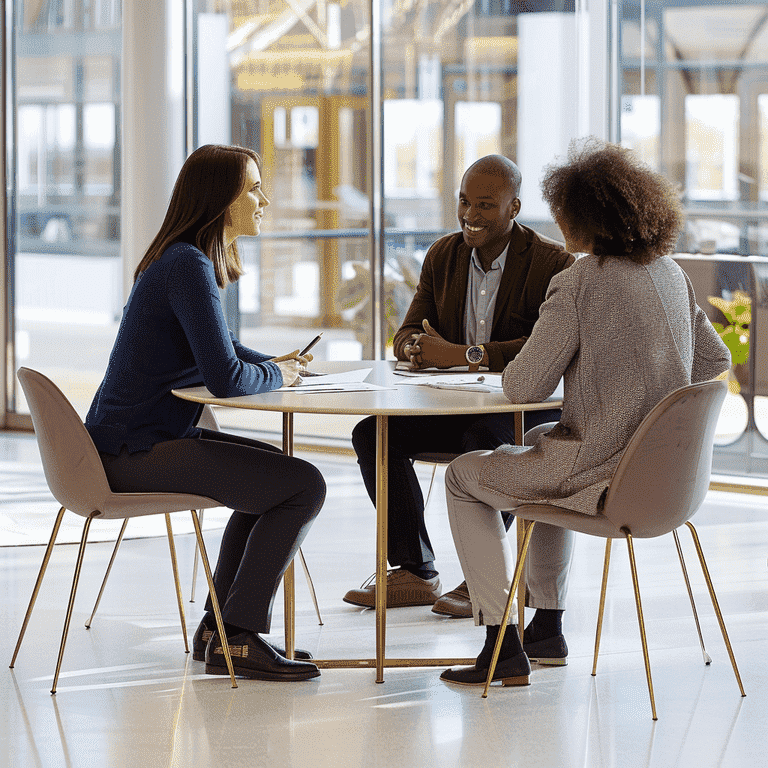 Mediator and couple discussing alternatives in a professional setting.