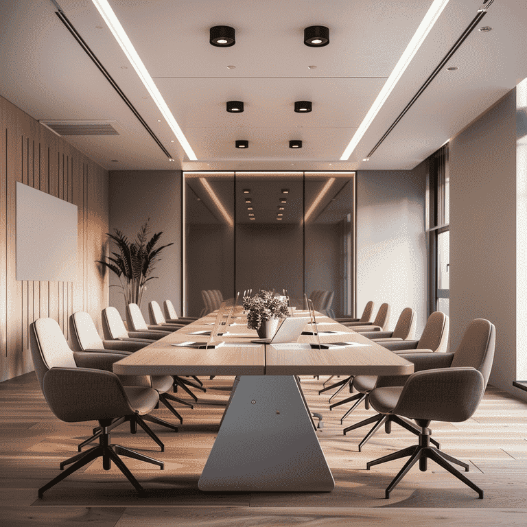 Professional mediation room with a long table and chairs in a neutral setting