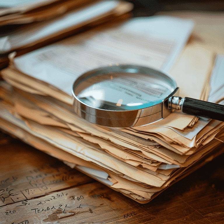 Stack of legal case files with magnifying glass.