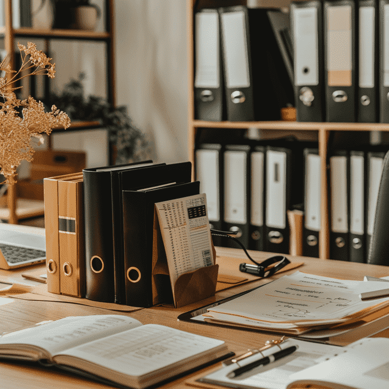 Organized desk with binders, folders, and documents in a professional setting.