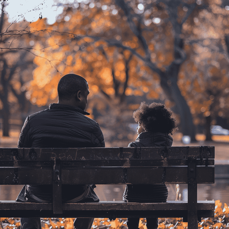 Parent and child having a conversation on a park bench, reflecting on changes.