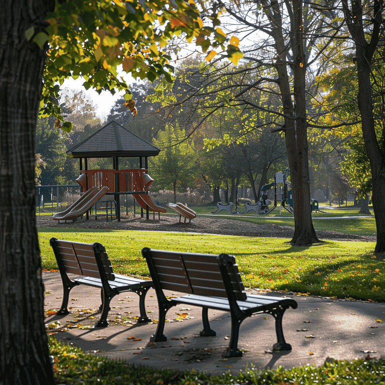 Empty park benches facing a playground, representing shared visitation spaces.
