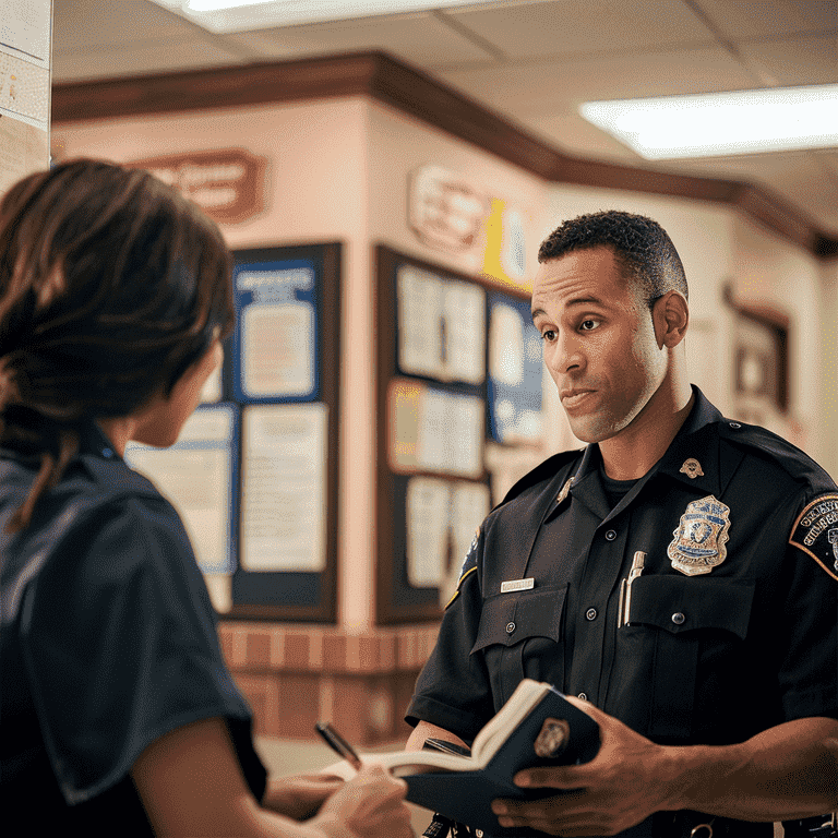  Police officer taking notes in a station while consulting with a civilian.