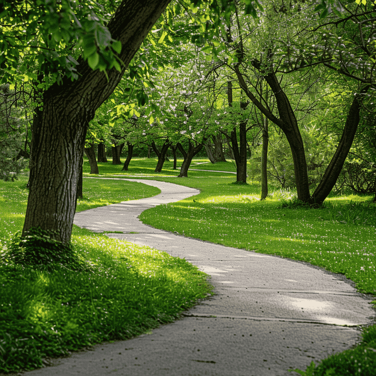 Scenic pathway in a lush park symbolizing new beginnings after transition