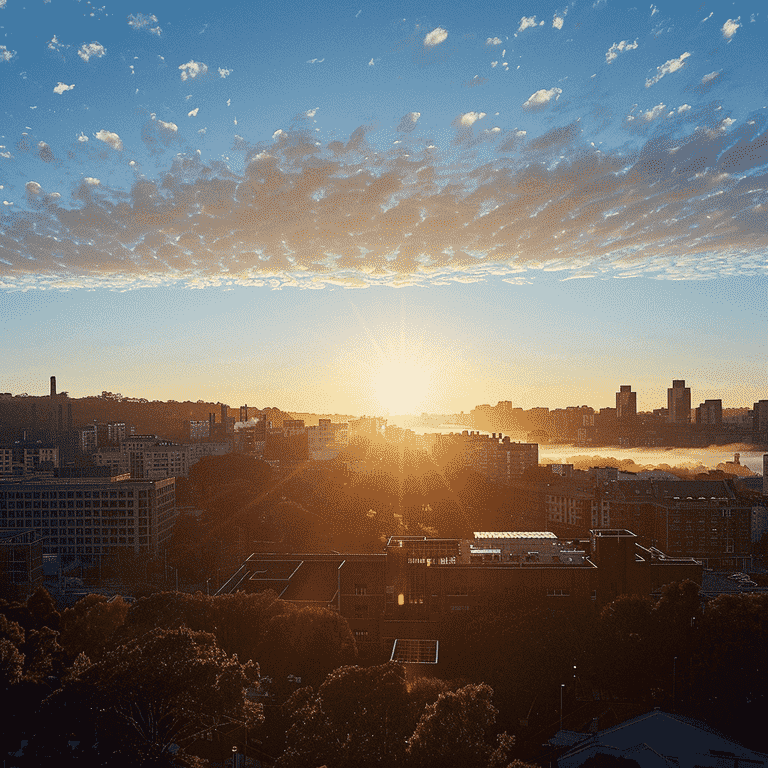 Sunrise over a cityscape highlighting public service buildings.