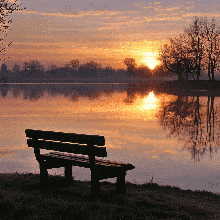 Empty bench by a peaceful lake at sunset, symbolizing reflection during emotional times