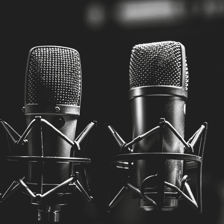 Two microphones facing each other on a dark background