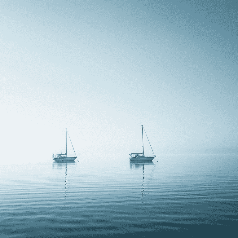Two sailboats drifting apart on a calm sea under a clear sky