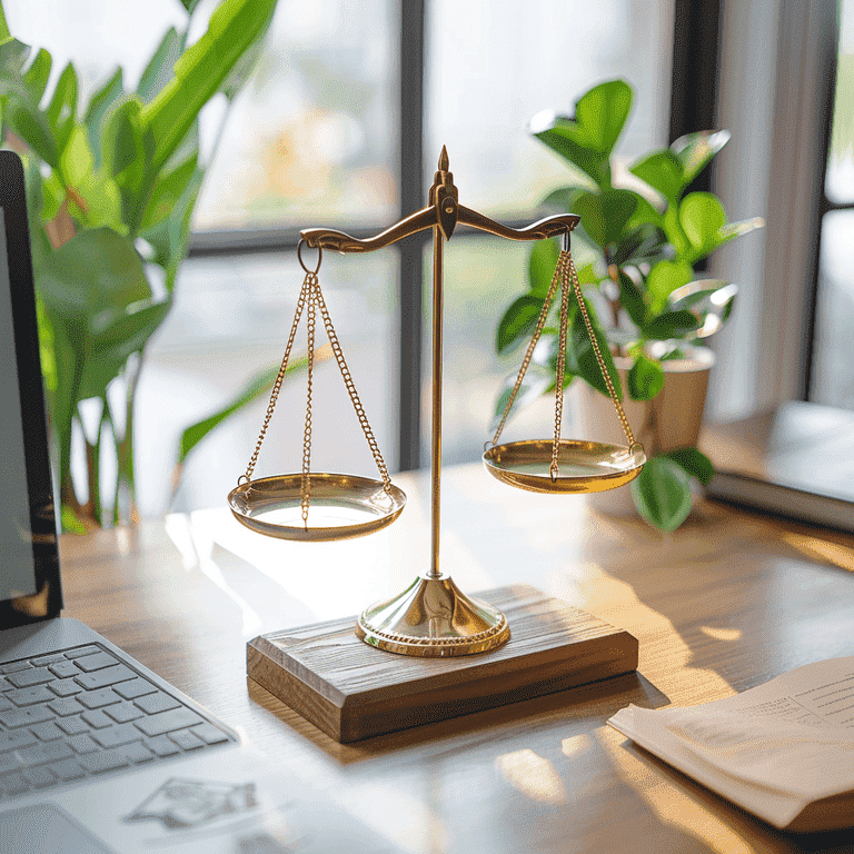Scale of justice on a wooden desk in a law office, symbolizing legal balance and fairness.