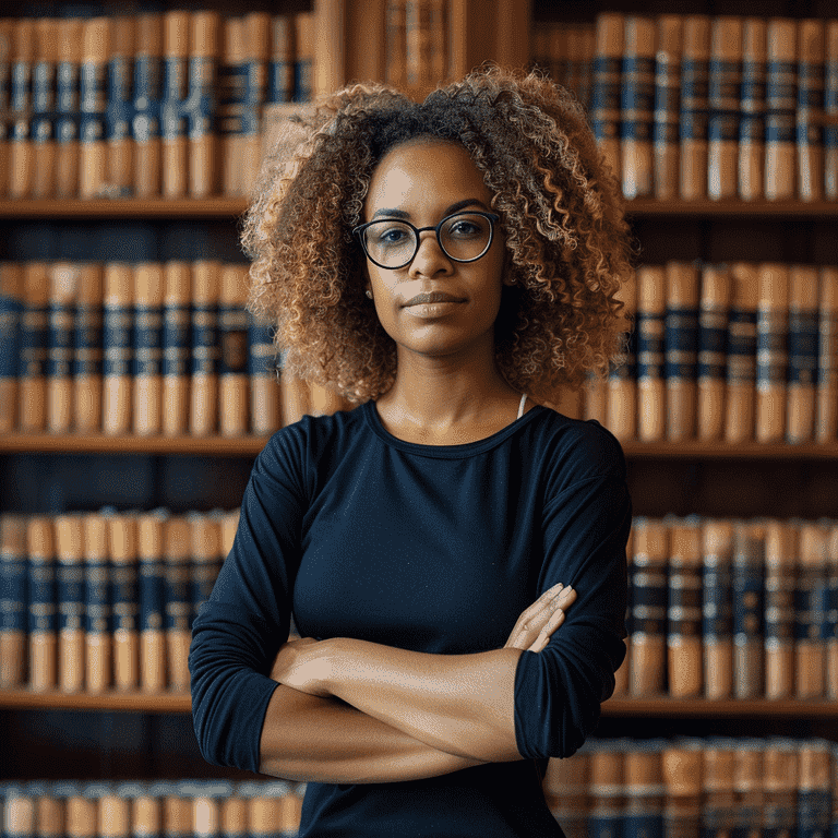 Confident individual in a law library preparing for self-representation.
