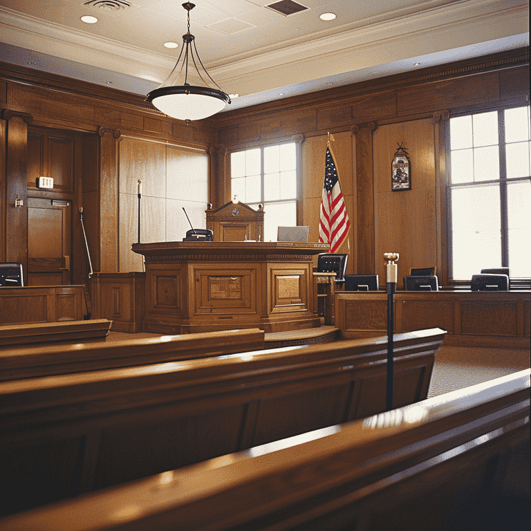 Serene courtroom with judge's bench, witness stand, and attorney chairs under soft lighting.