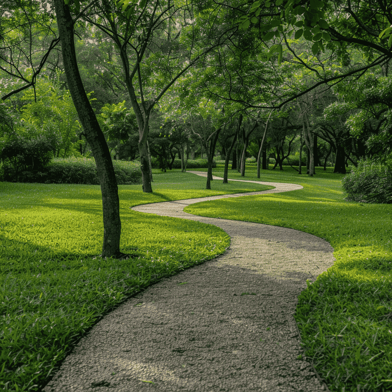 Two pathways in a serene park merging together