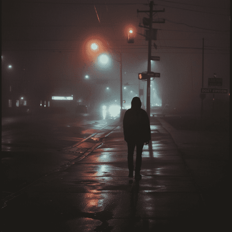 Shadowy figure walking alone on a foggy street at night.