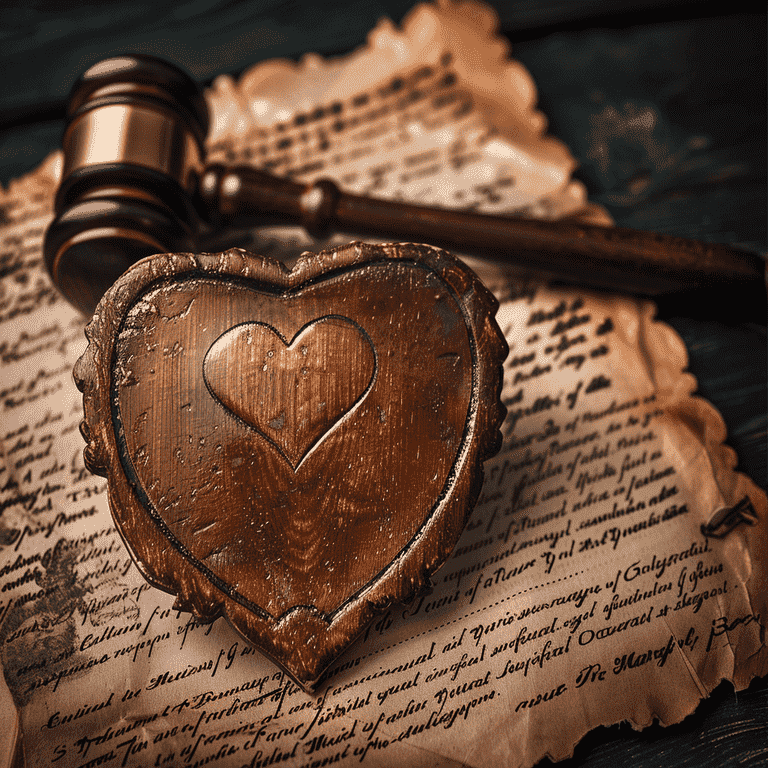 Shield with gavel and heart against legal documents background for rights protection.